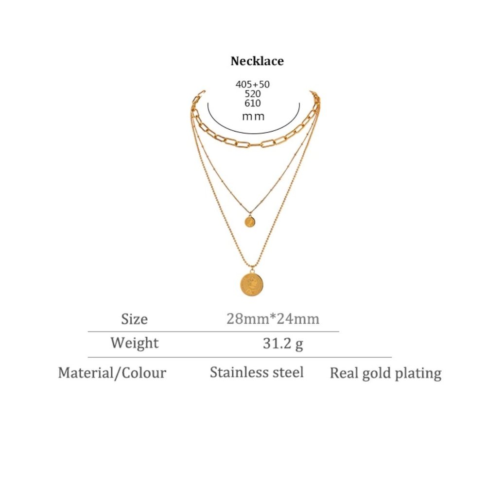 18K Gold Plated Queen Elizabeth Vintage Coin Link Chain Triple Layer Necklace - Picture 3 of 7